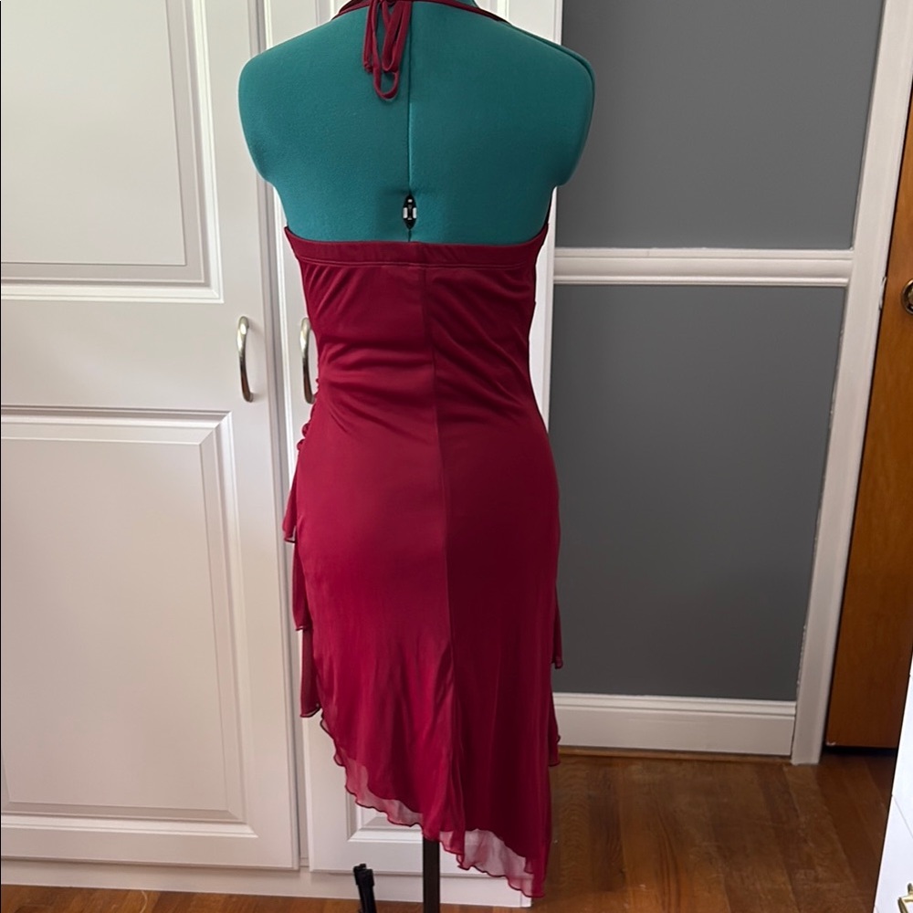 Y2K 2000s Party Dress Burgundy Halter Ruffle Asymmetrical Tiered Size Medium - Picture 2 of 11